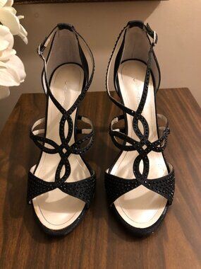 Caparros Nixie Black Glitter Rhinestone Strappy Heels Dress Sandals 9.5